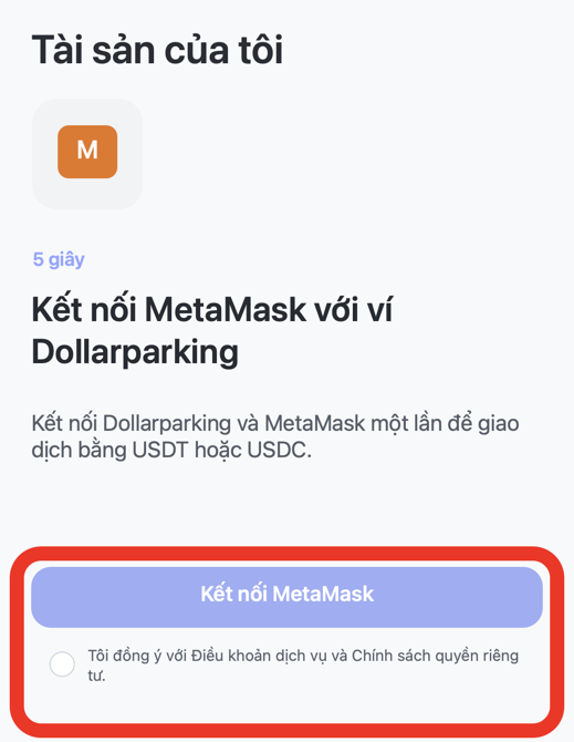 Màn hình chọn nút Kết nối MetaMask trong Dollarparking