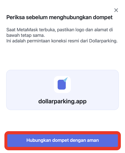 Layar untuk memilih tombol Hubungkan dompet dengan aman di Dollarparking