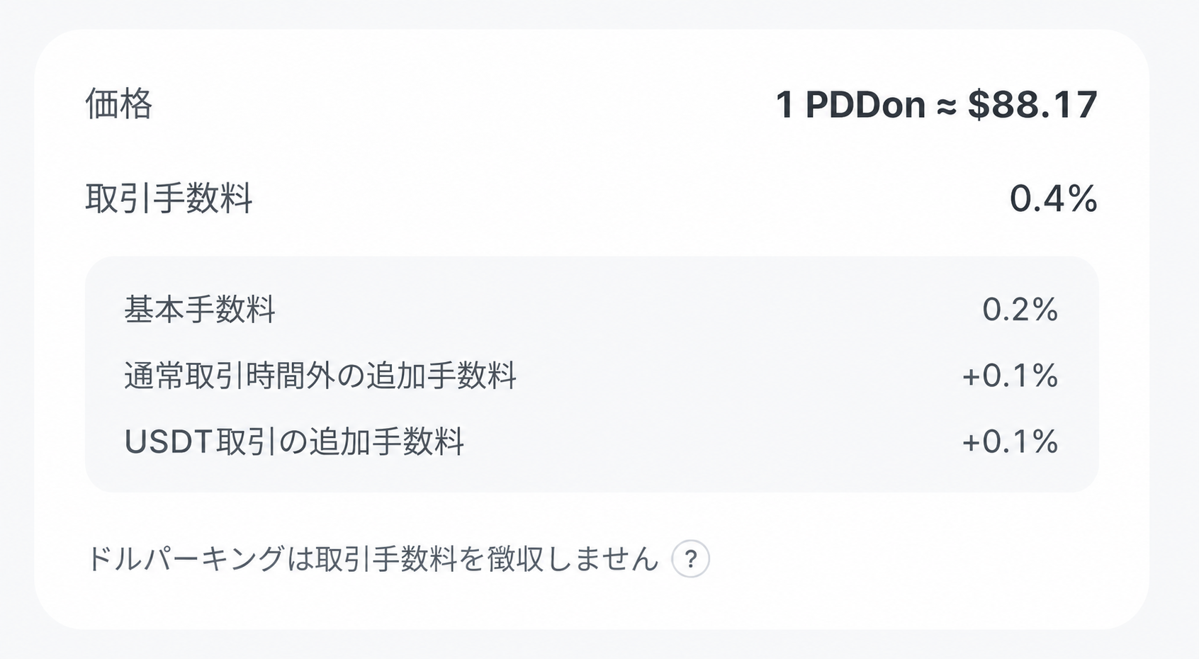 基本手数料と通常取引時間外およびUSDT取引の追加手数料が表示された最終取引手数料画面